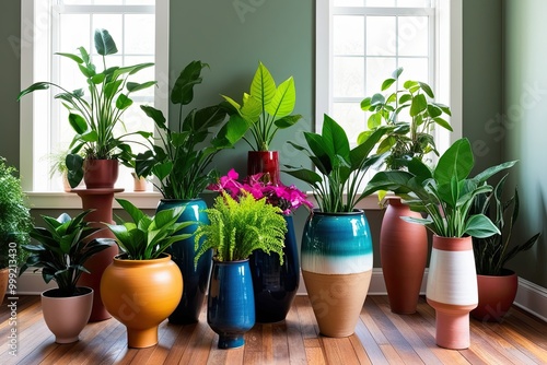 Vibrant Indoor Plants Showcased in Unique Ceramic Planters for a Diverse Botanical Display