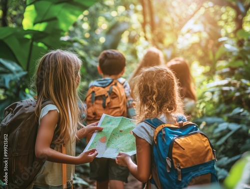A group of children are hiking through a forest and one of them is holding a map.