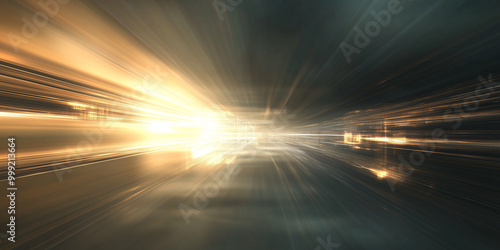 An abstract digital scene with glowing light rays in soft white and yellow tones cutting through a dark, hazy background