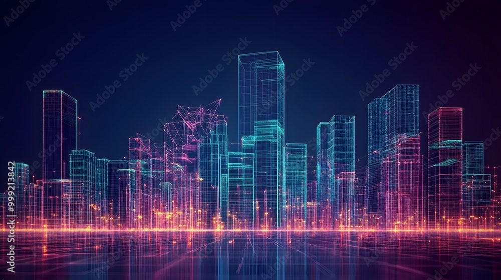 Fototapeta premium Abstract wireframe city background. Perspective 3D render of building wireframe. Vector. 