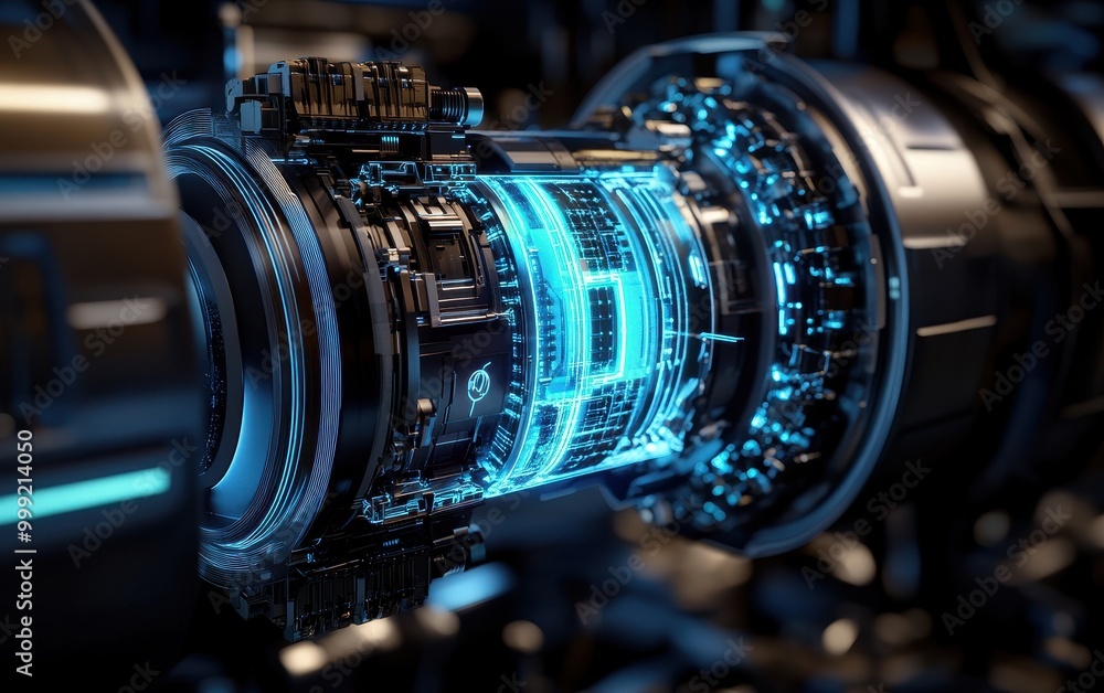 Futuristic Engine Closeup with Blue Glowing Circuitry - 3D Rendering. Futuristic Engine Closeup with Blue Glowing Circuitry - 3D Rendering.