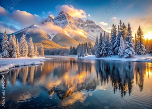 Morning's golden radiance touches the frozen mountain landscape, casting a serene ambiance over the tranquil lake, whose reflections highlight the dramatic contrasts of the winter wonderland.