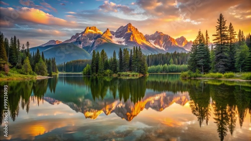 Tranquil Lake Scene sunrise casts warm golden light on majestic mountain peaks surrounded by lush greenery and reflection of trees on calm water.