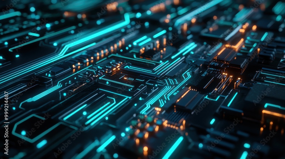 Obraz premium Abstract Futuristic Circuit Board with Glowing Blue Lines and Orange Highlights.