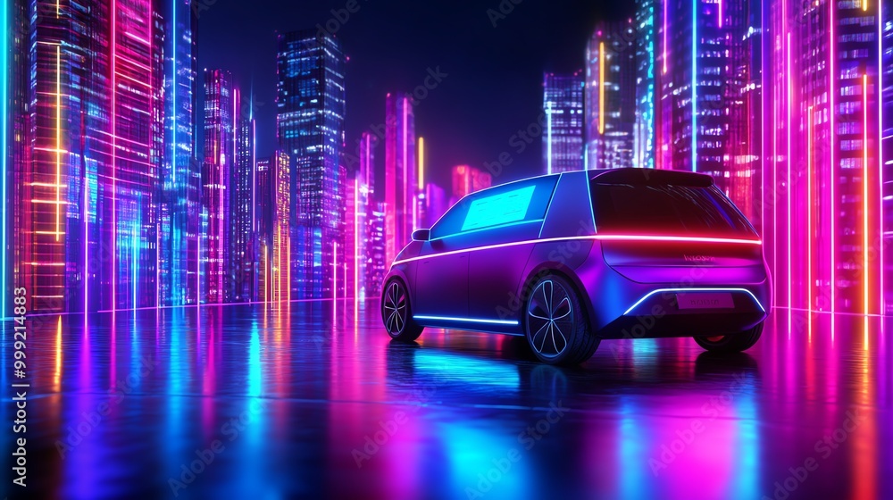 Futuristic car with neon lights in a vibrant cityscape showcasing modern technology and innovation. Futuristic car with neon lights in a vibrant cityscape showcasing modern technology and innovation.