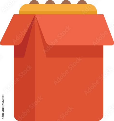 Open red cardboard box holding a tasty hot dog with mustard ketchup and relish isolated on white background