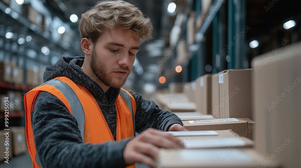 Fototapeta premium A diligent worker in a high-visibility vest organizes packages in a modern storage facility during daylight hours