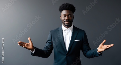 Confident young Black entrepreneur in a suit presenting a business idea against a dark gray background