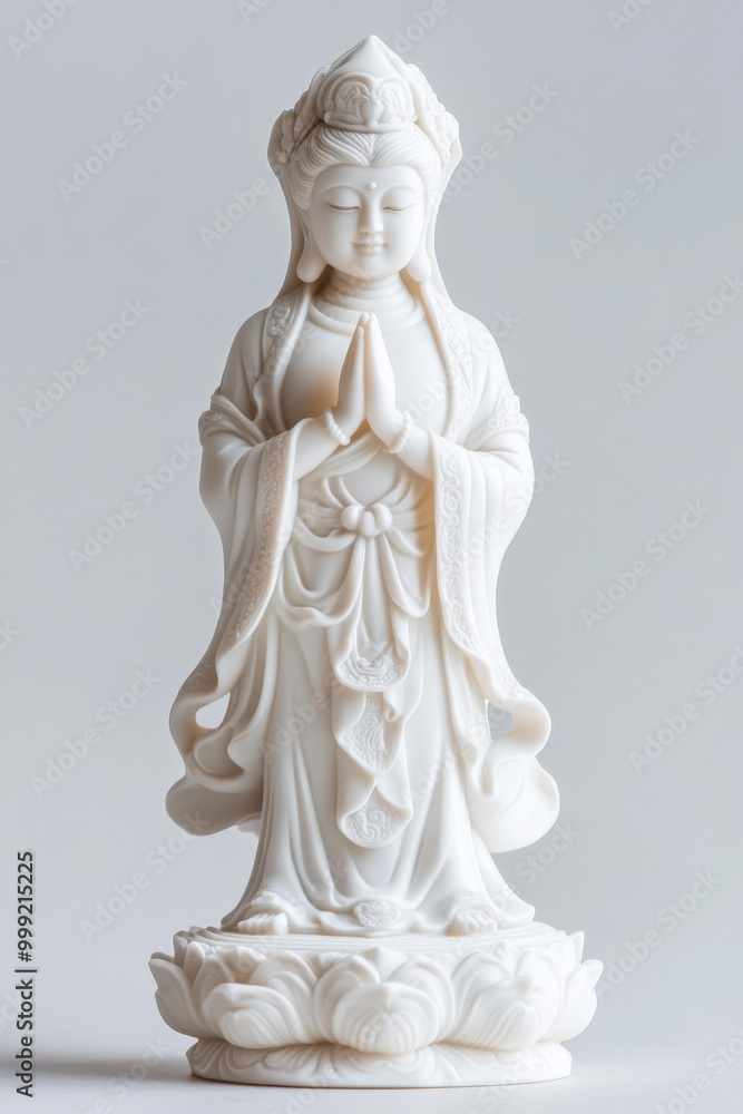Naklejka premium Elegant white statue of Kwan Yin with hands pressed together in a prayer gesture, dressed in flowing robes, on a lotus flower base.