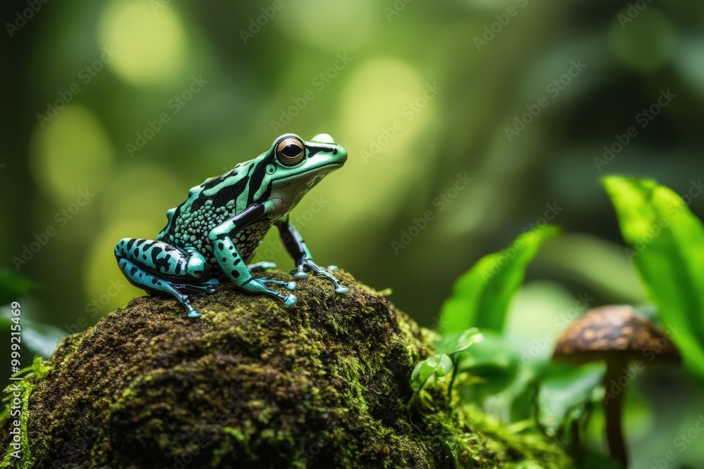 Vibrant green tree frog perched on moss-covered log Vibrant green tree frog perched on moss-covered log