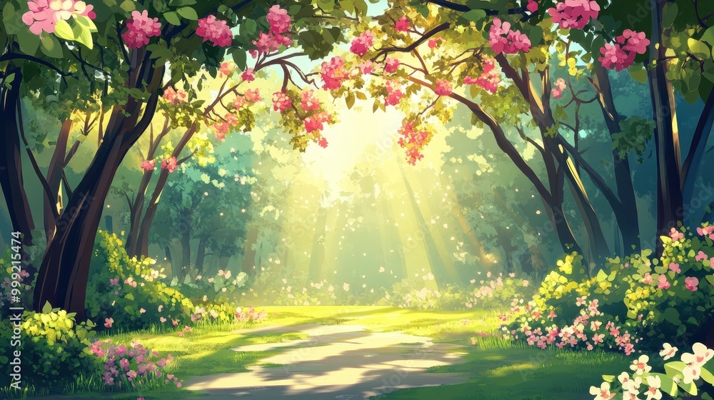 Obraz premium Magical Forest Path with Pink Blossoms and Sunbeams - Springtime Landscape Illustration.
