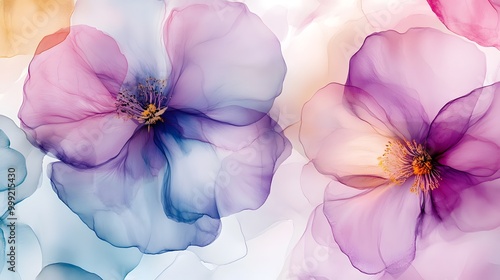Watercolor illustration of pastel flowers with alcohol ink art creating a flowing wallpaper pattern