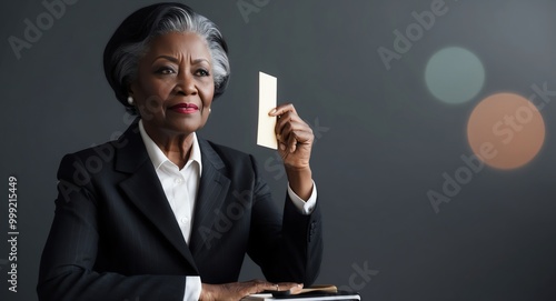 Determined elderly Black businesswoman in a suit making a decision against a dark gray background