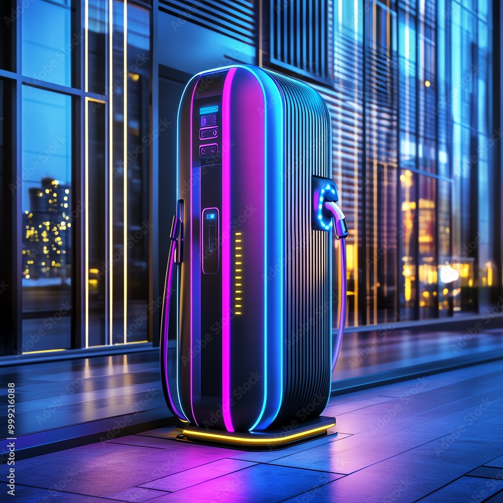 Futuristic electric vehicle charging station illuminated by colorful neon lights in an urban setting at night. Futuristic electric vehicle charging station illuminated by colorful neon lights in an urban setting at night.