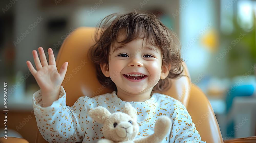 Cute Baby Boy Waving and Smiling with Toy Cute Baby Boy Waving and Smiling with Toy