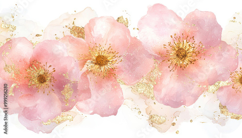Fototapeta Naklejka Na Ścianę i Meble -  A beautiful watercolor illustration of pink flowers with golden accents, perfect for decoration or design projects.
