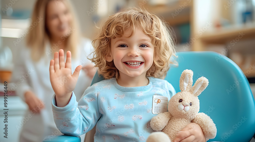 Smiling Child Holding Stuffed Bunny, Happy at the Dentist Smiling Child Holding Stuffed Bunny, Happy at the Dentist