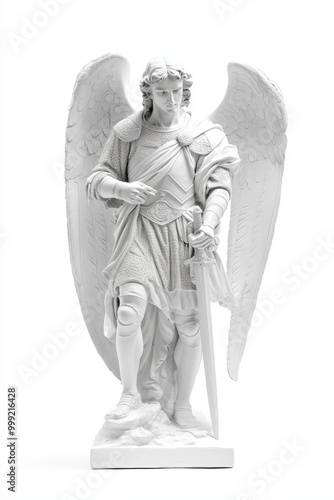 A white marble statue of a male angel dressed in detailed armor, holding a sword and spreading large wings, exuding an aura of divine power and protection. photo