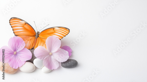 A striking close-up of a monarch butterfly gracefully perched beside pastel flowers on smooth stones during a serene afternoon