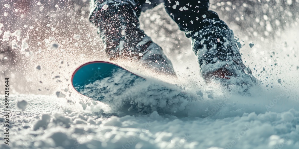 Naklejka premium a snowboard cutting through fresh snow, powder flying in all directions, capturing the excitement of the ride