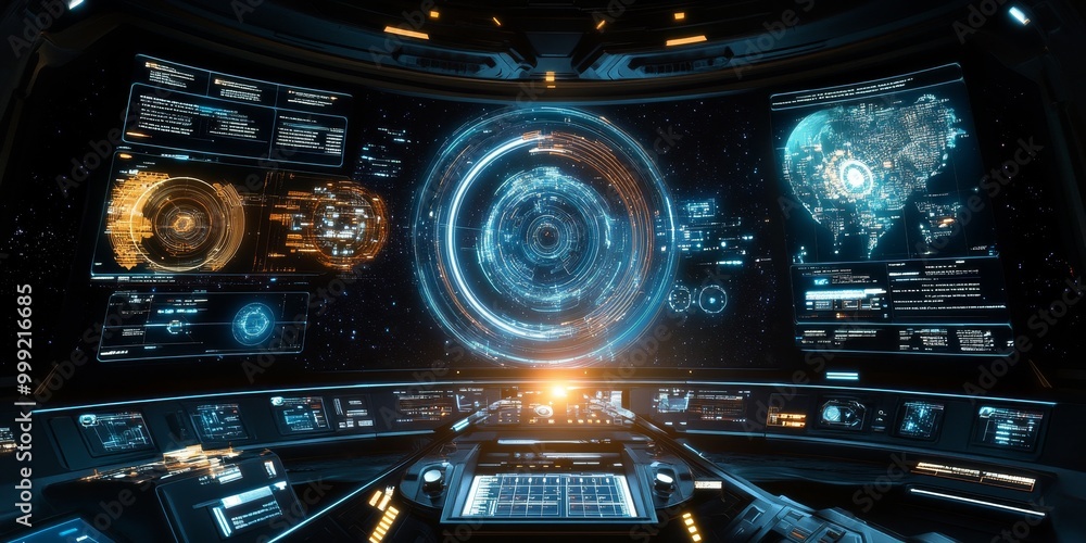 Obraz premium Interactive space command interface, showcasing advanced celestial charts, digital readouts, and responsive control panels.