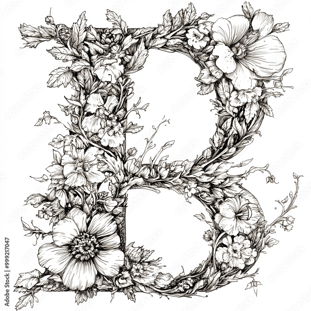 Fototapeta premium A letter of the alphabet adorned with hand-drawn flowers and vines, creating a unique and organic feel