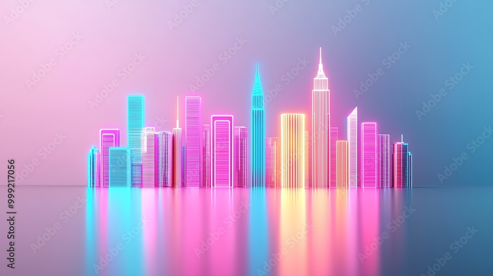 Neon city skyline with glowing color accents, 3D illustration Neon city skyline with glowing color accents, 3D illustration