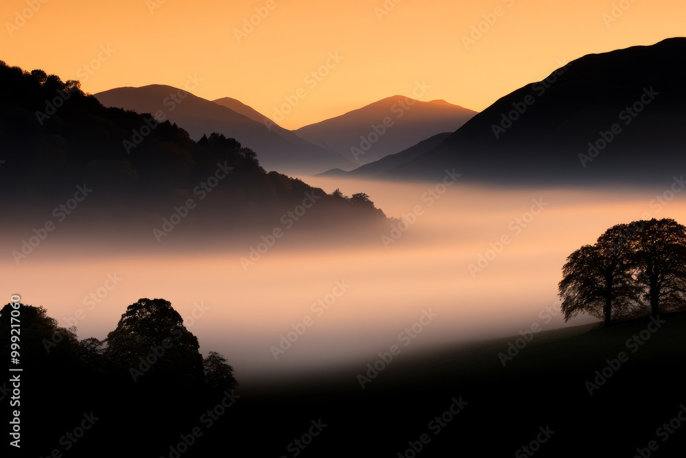 Obraz premium The mountains are covered in fog and the sun is setting