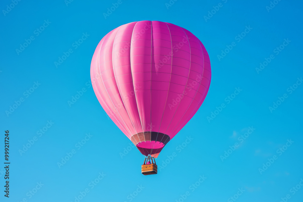 Fototapeta premium A vibrant pink hot air balloon floats against a clear blue sky, symbolizing adventure and leisure.