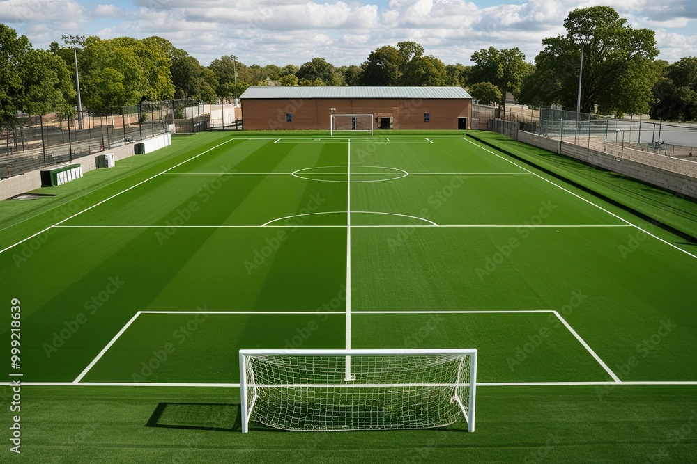 Fototapeta premium Lush Green Athletic Turf in Empty Soccer Complex on Game Day