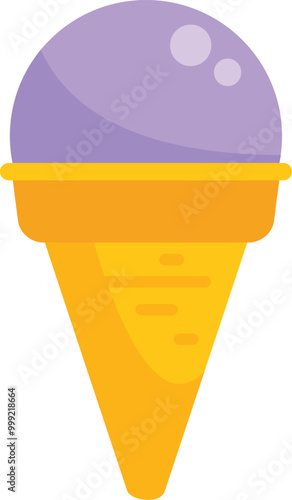 Cartoon vector illustration of a purple ice cream scoop resembling grape flavor in waffle cone, isolated on white background