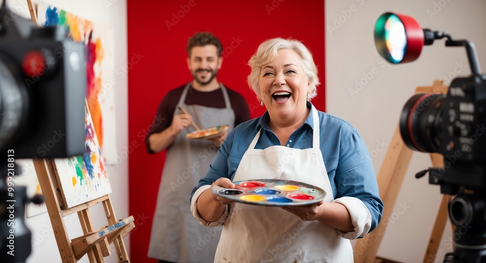 Joyful middleaged Caucasian artist in a smock holding a palette with enthusiasm against a red background