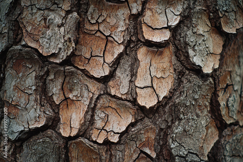 Close-up view of a textured tree bark, showcasing intricate patterns and natural colors.