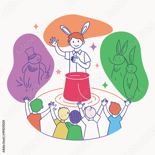 A young magician with bunny ears performs a magic trick on stage with a red hat, surrounded by four excited children