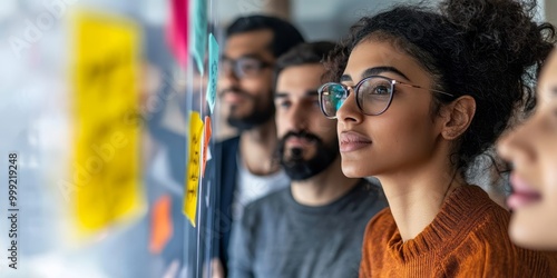 A multicultural team engages in a brainstorming session, with a close-up on diverse expressions of collaboration and a bright office setting enhancing the sense of inclus photo