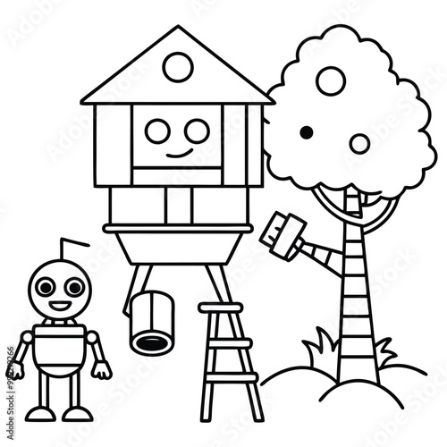 A cute robot with large eyes stands next to a treehouse with a ladder. The treehouse has a happy face and a window