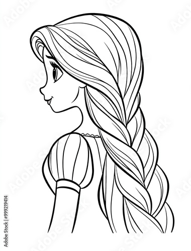  Coloring page for kids, Rapunzel with long braid, cartoon style, thick lines, low details, no shading. 