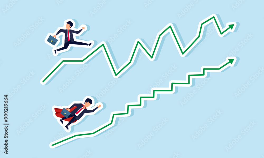 A businessman moves on a fluctuating graph while a super businessman moves on a relatively flat graph, illustrating the performance gap between top and average employees A businessman moves on a fluctuating graph while a super businessman moves on a relatively flat graph, illustrating the performance gap between top and average employees
