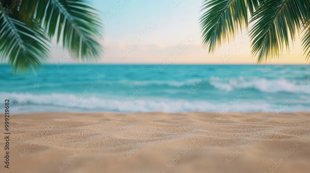 Obraz premium Tropical Beach Sunset Calm Ocean Waves Golden Sand Palm Trees