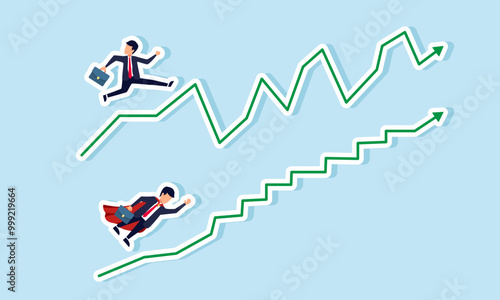 A businessman moves on a fluctuating graph while a super businessman moves on a relatively flat graph, illustrating the performance gap between top and average employees