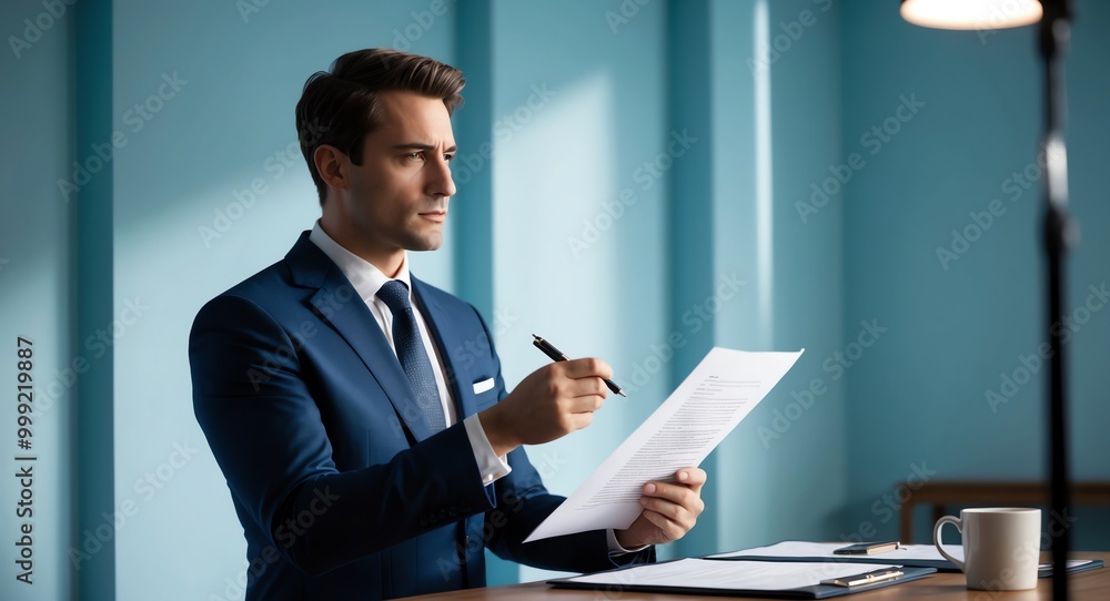 Serious young Caucasian lawyer in a suit reviewing documents against a light beige background Serious young Caucasian lawyer in a suit reviewing documents against a light beige background