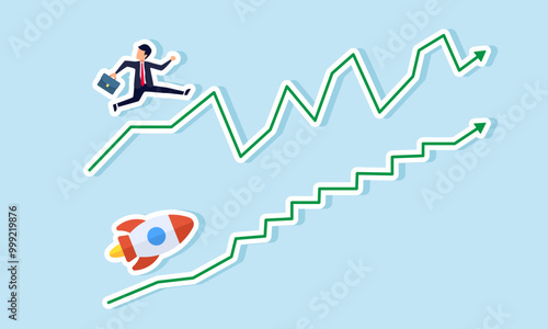 A businessman moves on a fluctuating graph while a rocket soars on a relatively flat graph, illustrating the contrast between traditional business and startups.