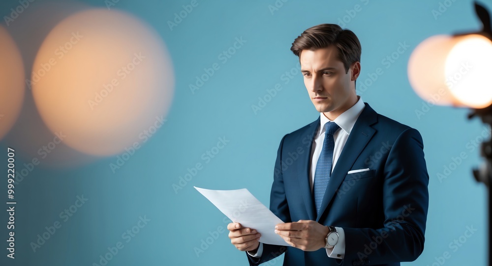 Serious young Caucasian lawyer in a suit reviewing documents against a light beige background Serious young Caucasian lawyer in a suit reviewing documents against a light beige background