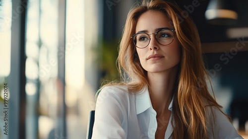 Thoughtful Glance: A woman with long, flowing red hair gazes thoughtfully out of a cafe window, her intelligent eyes reflecting a moment of contemplation.