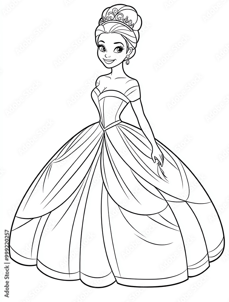 Fototapeta premium Simple coloring pages for children, featuring a princess wearing a ball gown, with no background, thick white lines