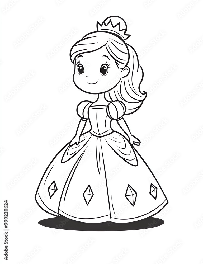 Cute cartoon princess in her dress coloring page for kids with crisp lines and white background, simple style. Cute cartoon princess in her dress coloring page for kids with crisp lines and white background, simple style.