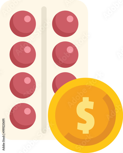 Blister pack of pills is laying beside a large gold dollar coin, representing the cost of medicine