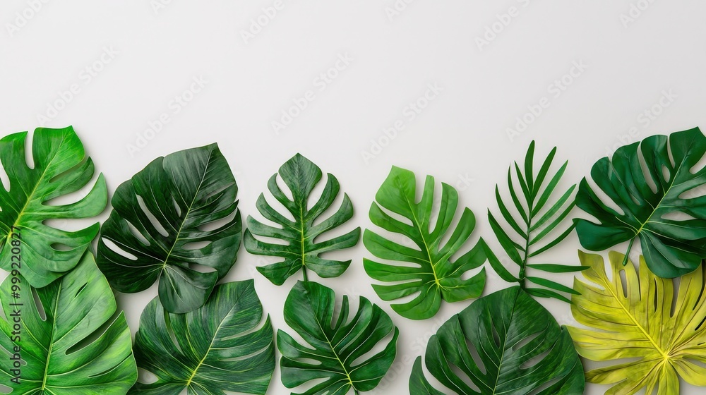 Obraz premium Tropical Green Leaves Border White Background Summer Design Element