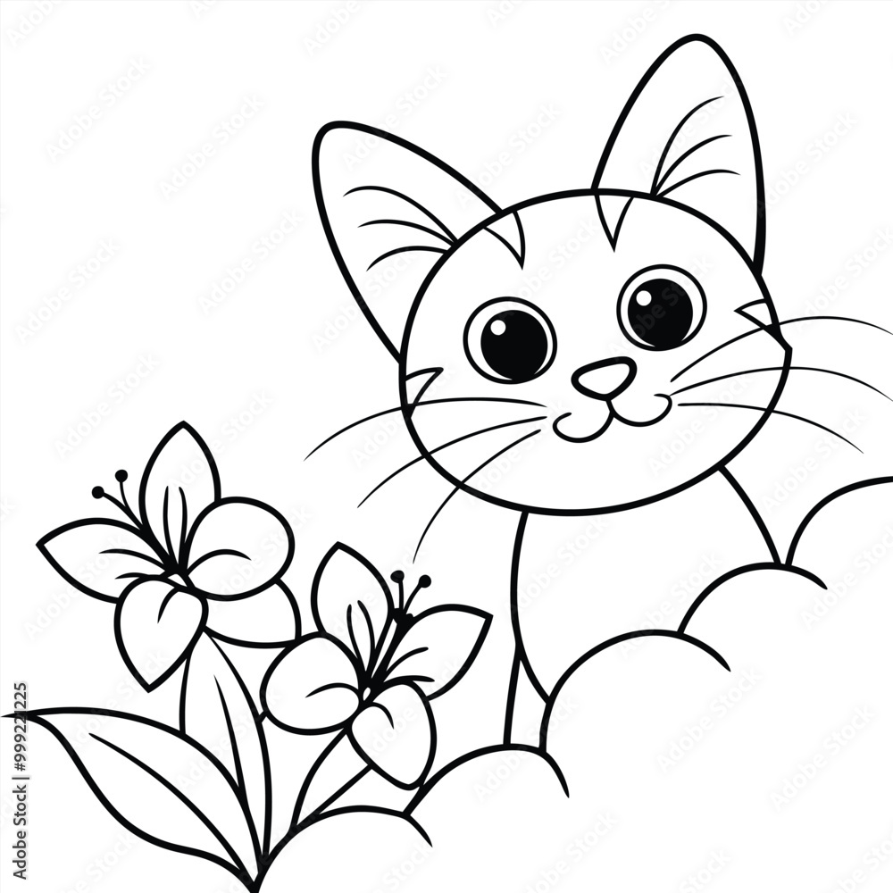 A playful cat with big expressive eyes peeks out from behind a cluster of flowers A playful cat with big expressive eyes peeks out from behind a cluster of flowers