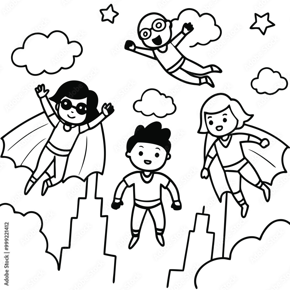 Four children dressed as superheroes fly in the air above a cityscape Four children dressed as superheroes fly in the air above a cityscape